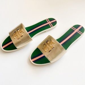 Tori Burch Double T Slide Gold Slide Sandal Sze 10